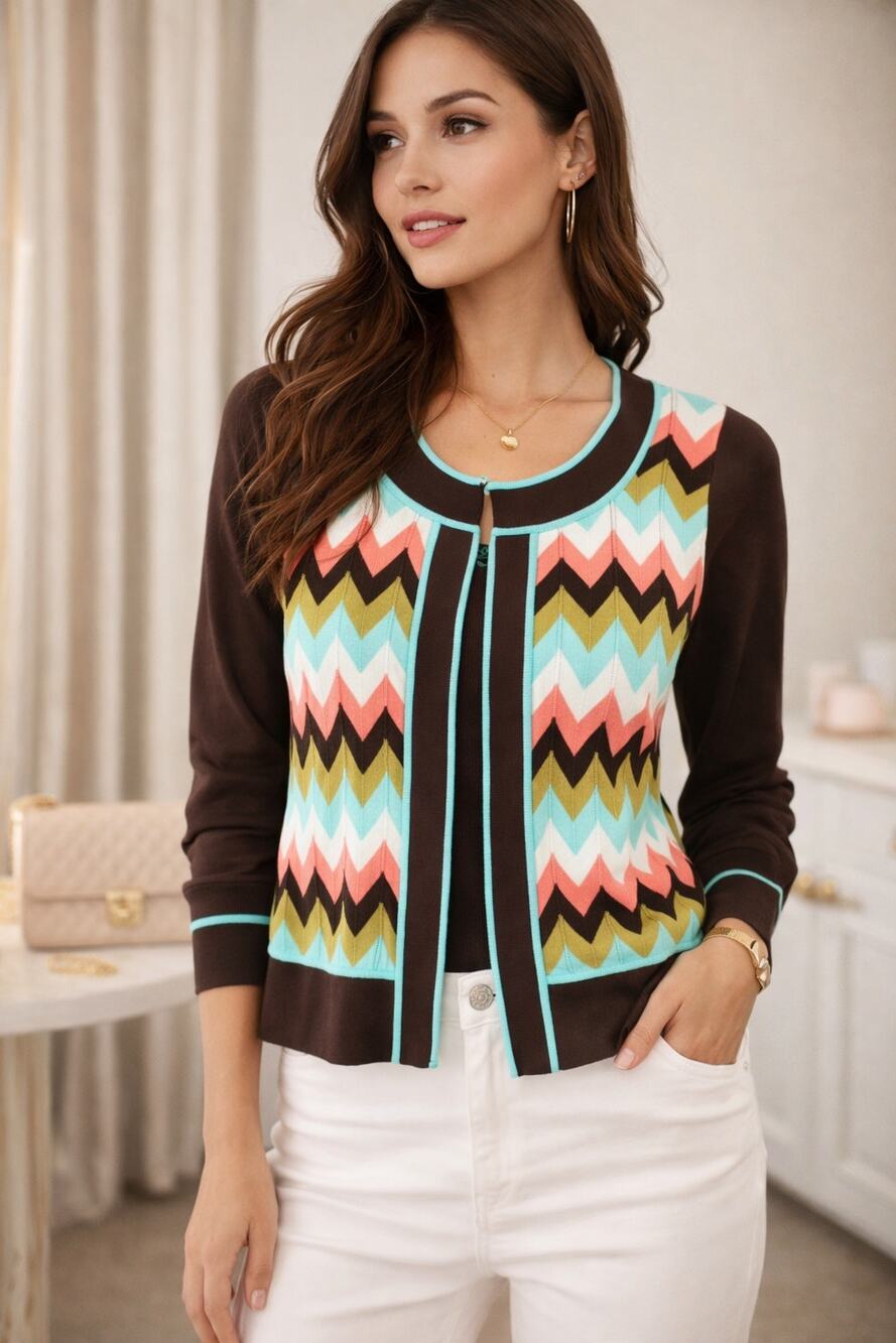 Milly Cardigan Womens Large Retro Chevron Sweater Brown Blue Quiet Luxury Preppy